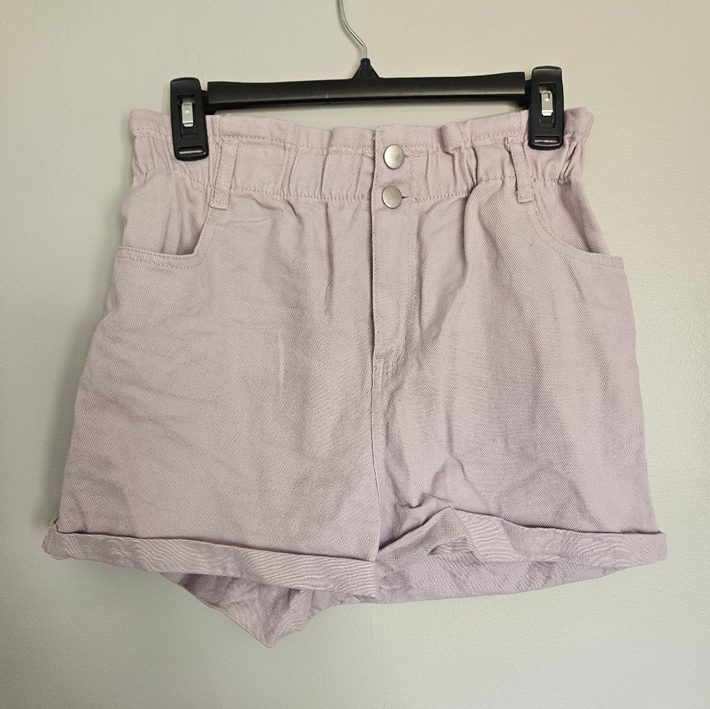 Womens Love Tree Lilac Light Purple paperbag high-waisted Denim shorts, Large